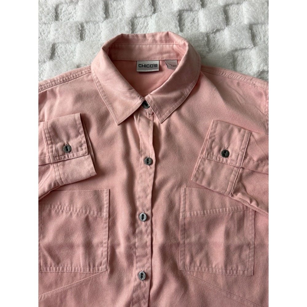 Chico's Blush Pink Faux Suede Long Sleeve Button Down Shirt Size 1 M EUC